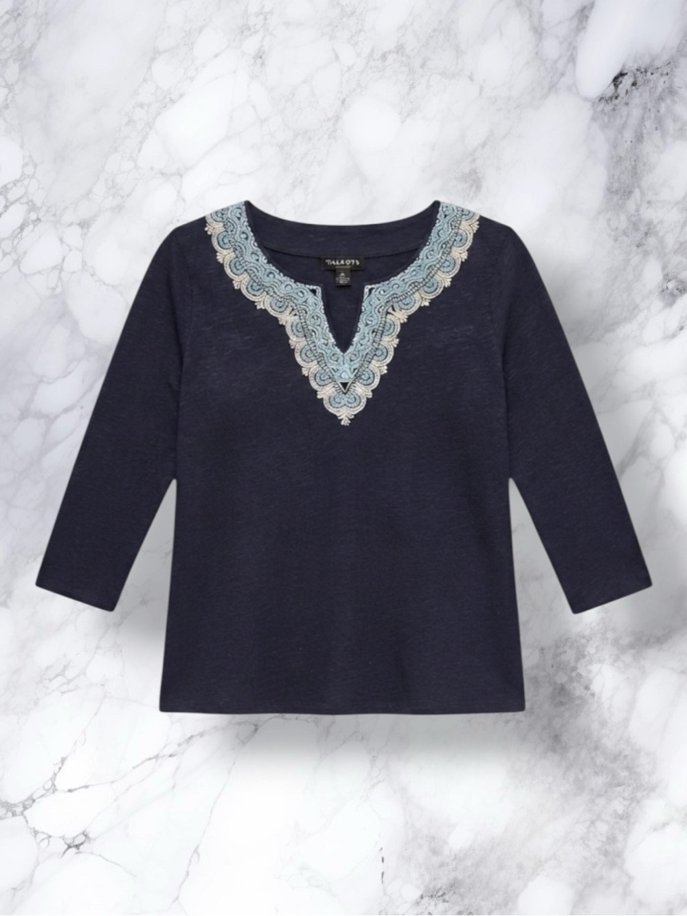 Talbots Top Blue Blouse Embroidered Split Neck 100% Cotton Classic Casual MP